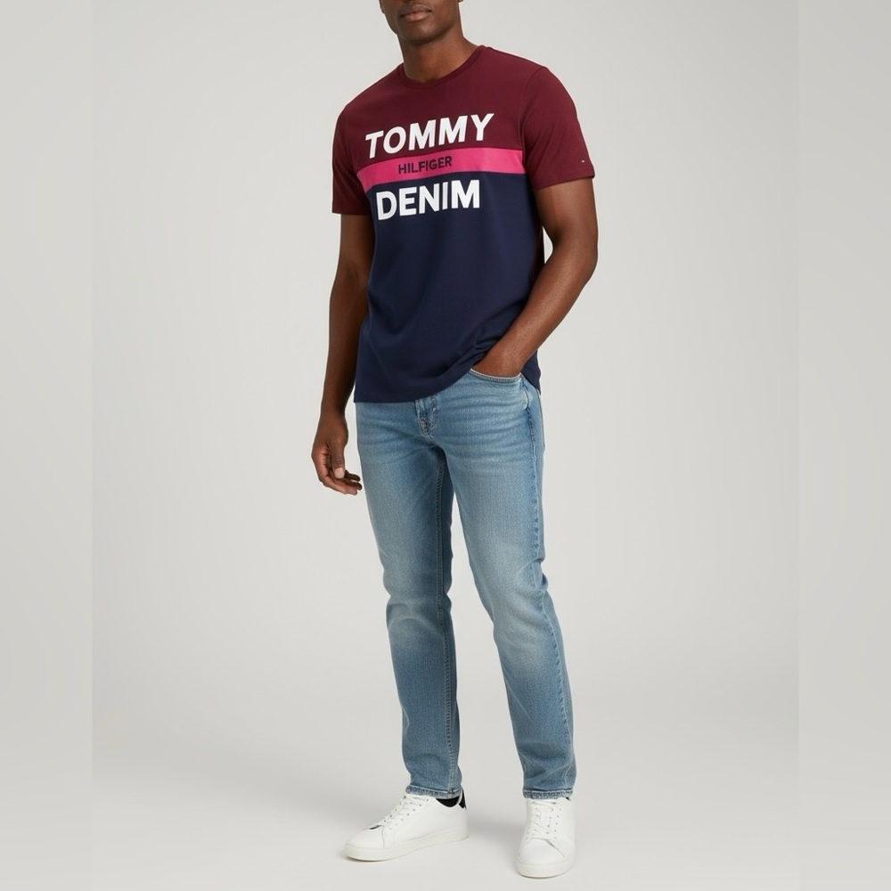 Tommy Hilfiger Big Print Burgundy and Blue Mens T Shirt Size XXL